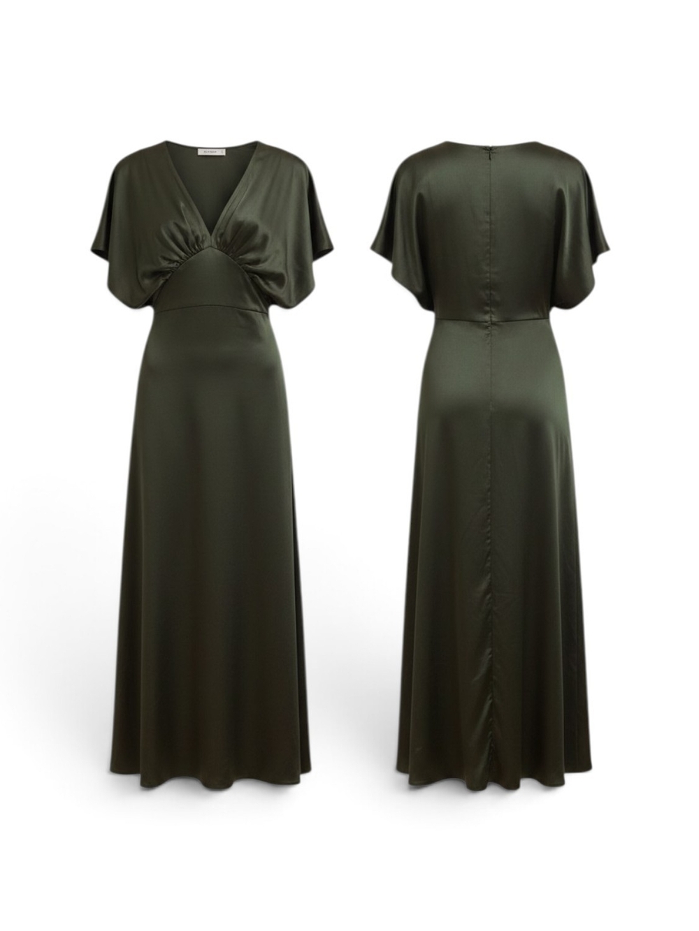 Petal + Pup Olive Satin V-Neck Maxi Dress with Flutter Sleeves